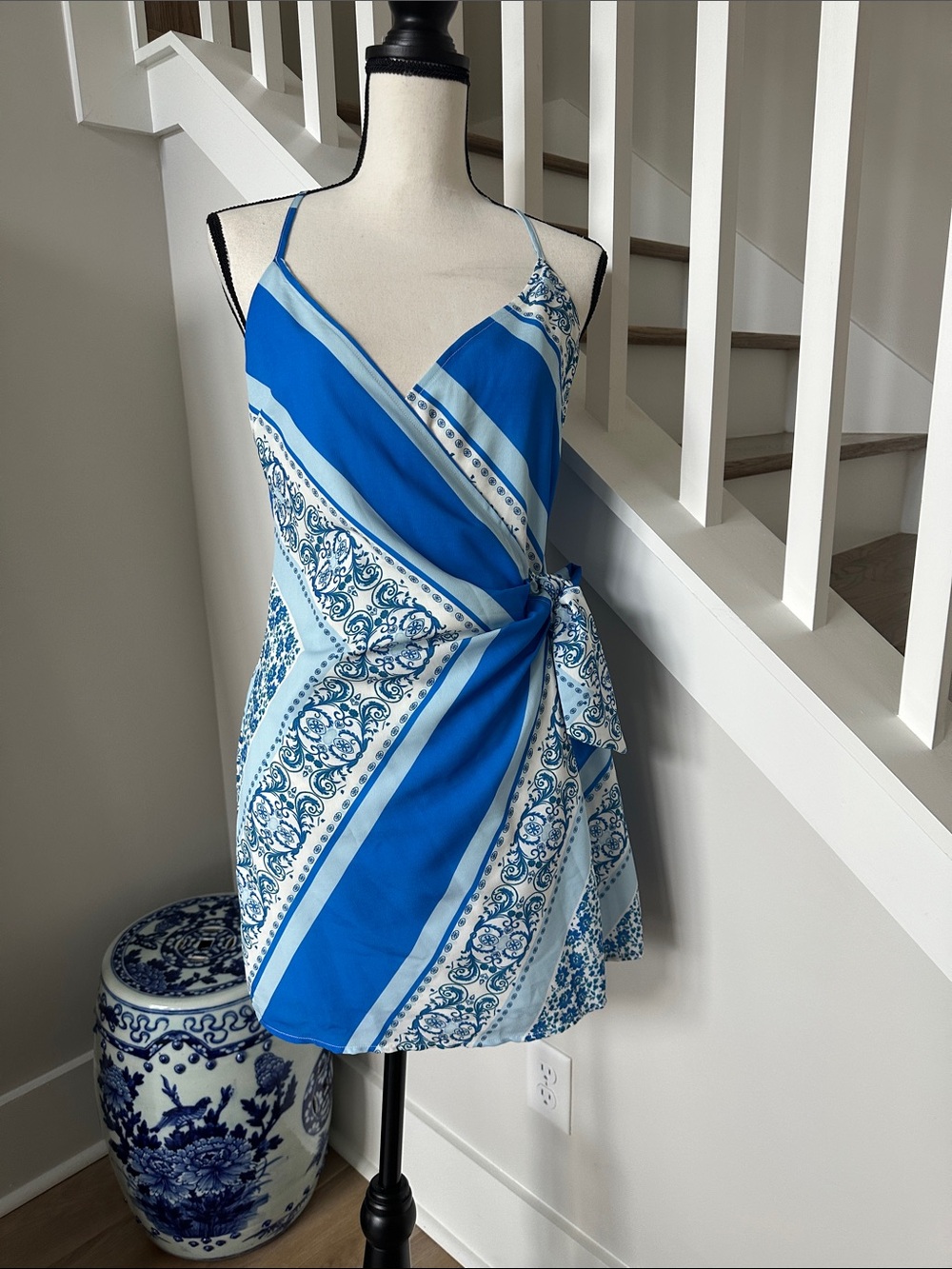 Lulu's Blue Printed Wrap Mini Dress with Side Tie